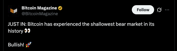 Bitcoin Magazine tweet: Bitcoin has experienced the shallowest bear market in its history. Bullish!
